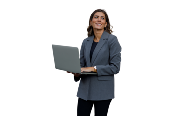 Professional businesswoman smiling, working on laptop, looking up, standing with ideas and future vision