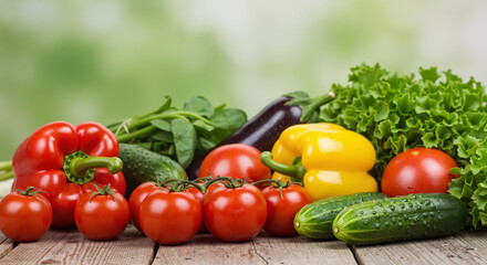 Fresh vegetables including tomatoes, cucumbers, and lettuce on wooden table  