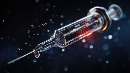 Glass Syringe with Droplet, Red Glow, and Bokeh on Dark Background.
