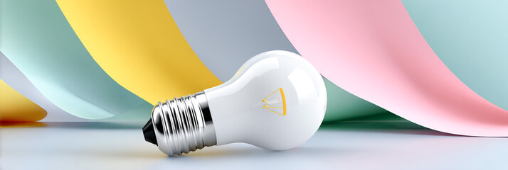 Light bulb resting on a smooth surface, surrounded by colorful wavy paper in pastel shades, creating a vibrant and modern atmosphere for creative design concepts