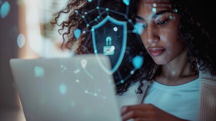 African American woman using laptop with digital security icons overlay, focused on online safety, showcasing modern technology and cybersecurity awareness in a contemporary workspace
