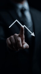 Businessman Touching Virtual Downward Arrow Representing Financial Loss, Economic Crisis and Risk Management in Corporate Strategy, Vertical