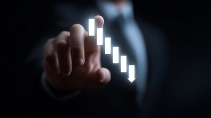 Businessman Touching Virtual Downward Arrow Representing Financial Loss, Economic Crisis and Risk Management in Corporate Strategy