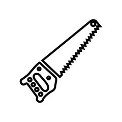 Sharp black saw with a wooden handle is displayed on white background