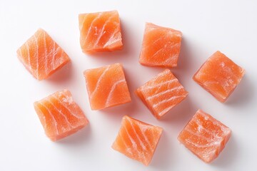 Fresh salmon cubes,  pale orange,  square pieces,  scattered