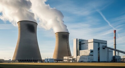 Obraz premium Cooling towers of power plant releasing vapor into blue sky