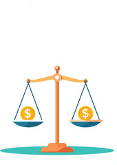 A flat vector illustration of a balanced scale holding two gold dollar coins, symbolizing financial equality, budget management, and economic stability