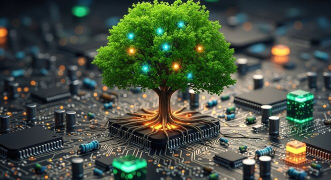 Green tree growing on circuit board sustainable technology concept - Powered by Adobe