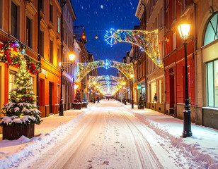 Fototapeta premium 雪の街を彩るクリスマスイルミネーション｜冬の夜景と華やかな光の祝祭