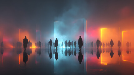 Group of diverse silhouettes with different abilities in urban abstract setting