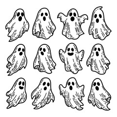 Collection of hand drawn Halloween ghosts and spooky characters