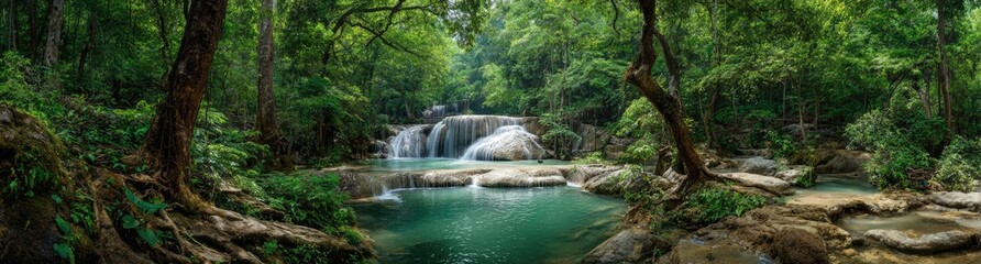 Fototapeta premium Lush waterfall cascading into a tranquil pool nestled within a dense jungle