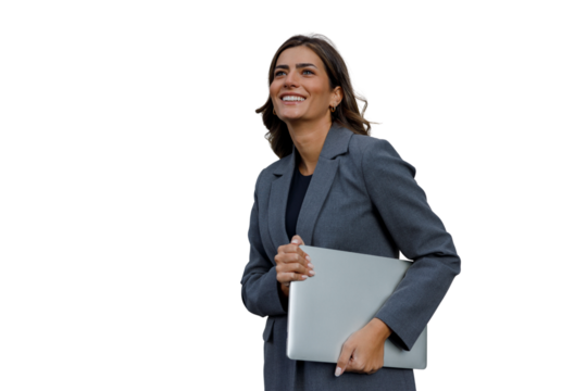Business professional woman in suit walking and holding a laptop, expressing joy and career ambition. Transparent background