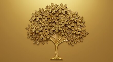 3d golden floral tree on gold background — luxurious embossed wall art