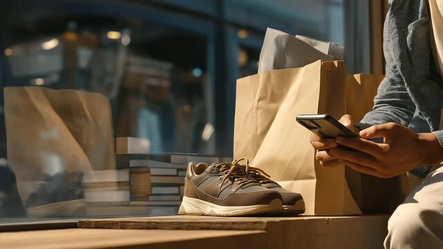 During a shopping day a teenager scrolls through a phone its case scuffed for reviews in a shoe store its racks metal and squeaky. A paper shopping bag its handles twisted