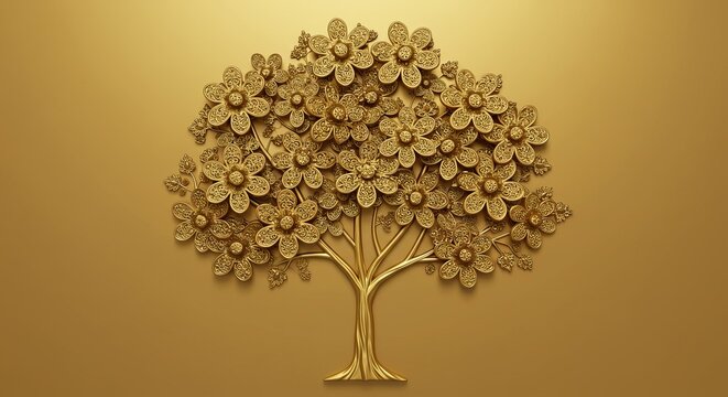 3d golden floral tree on gold background &mdash; luxurious embossed wall art