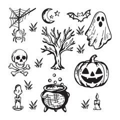 Hand drawn icons and elements of Halloween line design