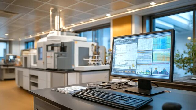 NMR spectrometers analyze molecular structures in a spectroscopy suite with magnets humming probes inserted spectra displaying on screens and samples in tubes nearby shown