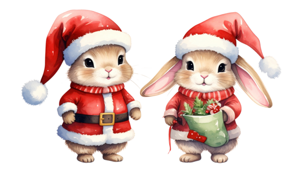  Festive rabbit wearing Santa costume dual variation set isolated on transparent background - Powered by Adobe