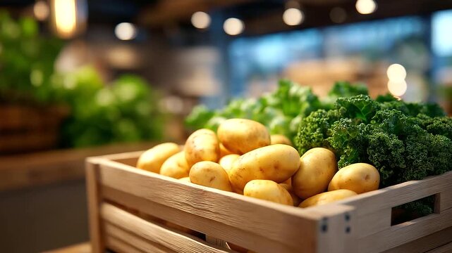 Tavern backroom with Irish owners crating potatoes and kale bog reclaimed farm fresh hearty new harvest economy organic market to table. three quarter wide angle cinematic