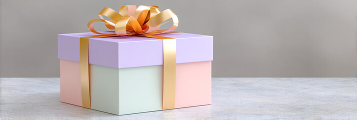 Colorful gift box with a shiny ribbon sits on a textured surface, showcasing a festive atmosphere perfect for celebrations and special occasions with copy space