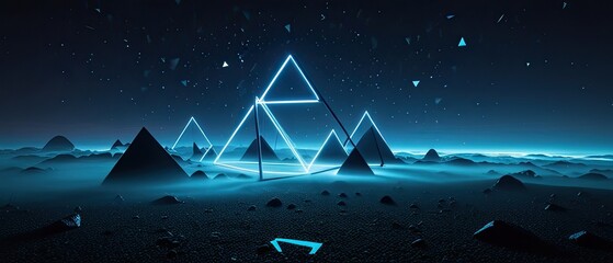Abstract neon geometric landscape glowing pyramids futuristic design