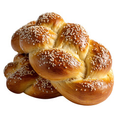 Golden brown challah bread braided with sesame seeds isolated on transparent background