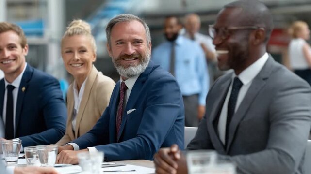 Corporate Gathering: Group of business people sitting at a table, a scene of collaboration and business meeting. A harmonious visual portraying collaboration, teamwork and positive relationship.