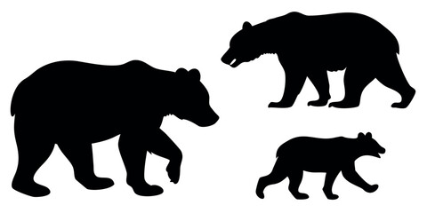 Vector Silhouette Set of Bears Standing Walking and Cub with Mother