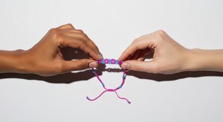 Celebrating Unity: Diverse Hands Bond Over a Vibrant Handmade Friendship Bracelet, Symbolizing Inclusion and Shared Joy
