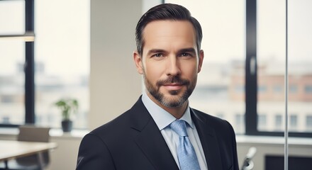 Fototapeta premium Portrait of a confident businessman in a suit and tie standing in a modern office space setting