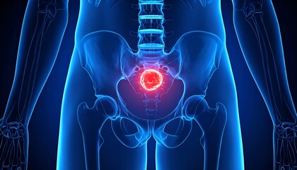 3D illustration of human prostate cancer highlighted within male body, glowing blue x-ray style, with bright red tumor spot