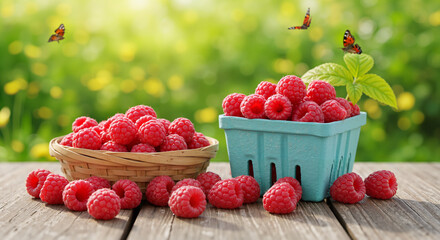 Fresh red raspberries in basket and container on wooden table outdoor  