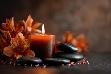 A warm, tranquil scene with a lit candle, orange flowers, and smooth stones