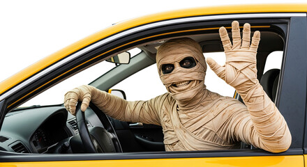 Hilarious mummy waves hello from inside bright yellow car, perfect for Halloween