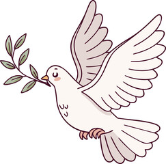 Obraz premium Dove of peace vector illustration, cute cartoon white bird flying with an olive branch, simple hand drawn graphic. Symbol of hope, religion and freedom, lovely flat design element.