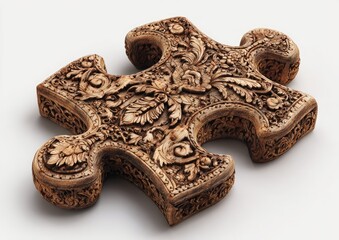 Fototapeta premium Ornate puzzle piece, light brown, detailed carvings
