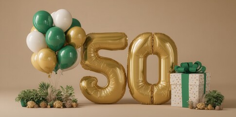 Celebrate a milestone 50th birthday with stylish golden foil balloons, complemented by a festive bouquet of white, green, and gold balloons alongside a beautifully wrapped gift.