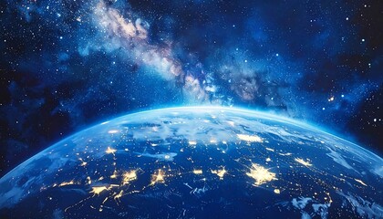 Obraz premium A captivating view of Earth from space, showcasing the planet's vibrant blue surface dotted with city lights, set against a backdrop of a magnificent night sky filled with stars and the Milky Way.