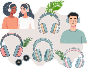 Collection of colorful headphones and people listening to music in flat vector illustration with modern audio accessories for lifestyle and technology concept