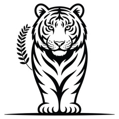 Fototapeta premium Minimal black and white line art illustration of a tiger, bold clean outline, simple smooth curve, isolated on white background, vector style, high contrast, suitable for logos and packaging