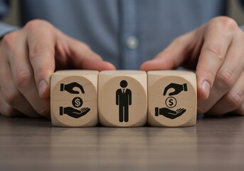 Hands arranging wooden blocks with icons representing financial protection for a person