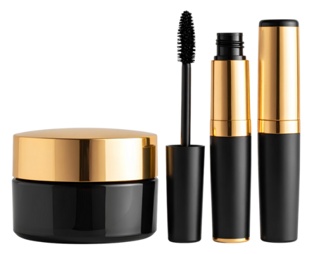 Black and gold luxury mascara tube, eye cream jar, and brush isolated on a transparen