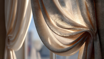Obraz premium Beige curtains hanging in a room with natural light and shadows. Home decor, window treatments, and soft fabric. The concept of window coverings and interior design.