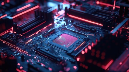 Obraz premium Computer motherboard with glowing neon red and blue lines
