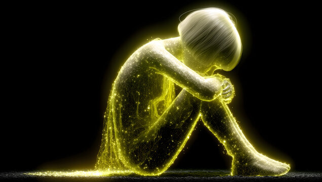 Luminous child silhouette made of glowing golden particles and digital lines, sitting in reflective pose, futuristic abstract hologram, emotional technology concept on dark background
