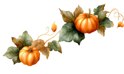 Watercolor Pumpkin Vine Border with Leaf Design for Autumn Decor Isolate on Transparent Background, cutout, png