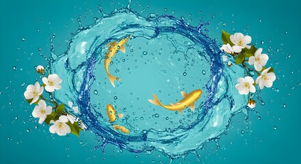 Obraz premium Koi fish, water splash, cherry blossoms, aquatic scene