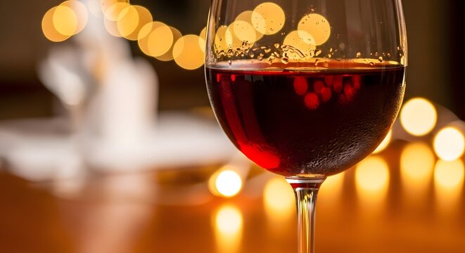 Close up of a glass of red wine with bokeh lights in the background creating a festive atmosphere
