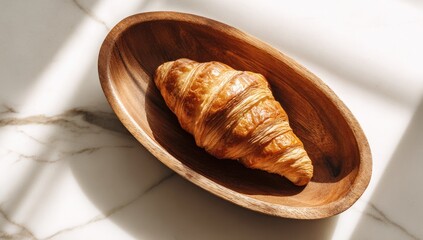 Golden croissant in a wooden bowl on marble (1)